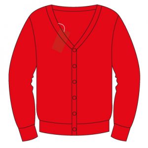 Bartley Red 50% Fairtrade Cotton/Poly Cardigan with School logo.