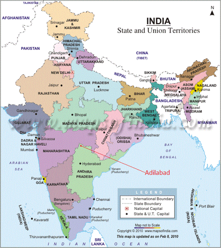A map of India showing the location of Adilabad in Andhra Pradesh, where Somji and his fellow cotton farmers began their Fairtrade cotton journey