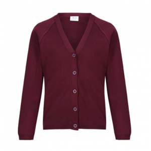 Springhill Catholic Primary School Burgundy Knitted Cardigan with School logo.