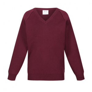 Springhill Catholic Primary School Burgundy V Neck Knitted Jumper with School logo.