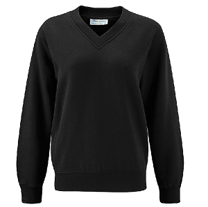 Balgreen V Neck Black Cotton/Poly Sweatshirt with School logo.